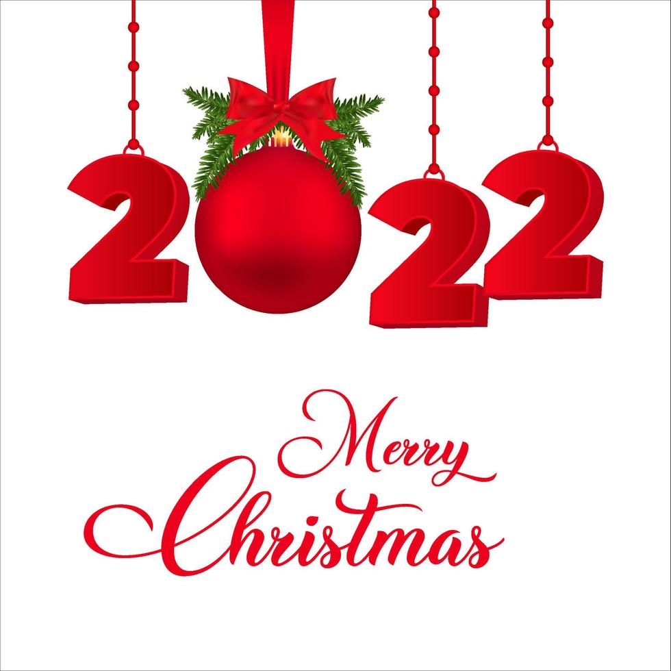 2022 felice anno nuovo. buon natale e felice anno nuovo con una palla di natale e un nastro rosso. 3d, 2022 felice anno nuovo. natale 2022. design rosso felice anno nuovo con foglie di pino ed effetto numero. vettore