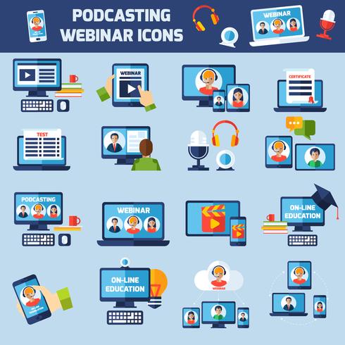 Set di icone di podcasting e webinar vettore