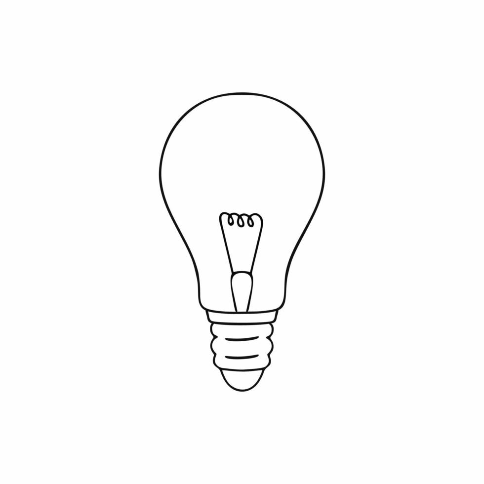 lampada a incandescenza disegnata con una linea di contorno nera nello stile di un disegno a mano. illustrazione di doodle di vettore sul tema dell'elettricità.