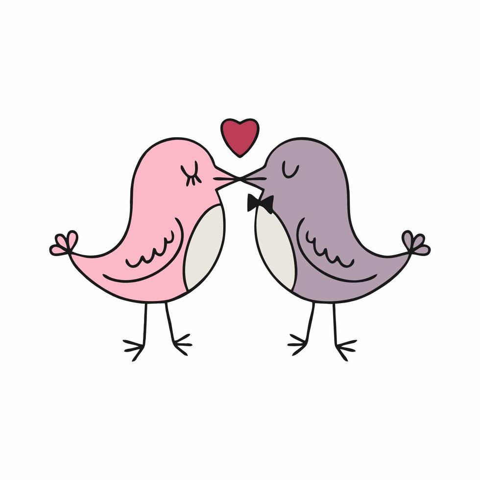 due simpatici uccelli si baciano. illustrazione vettoriale piatta con uccelli per San Valentino. adesivo per decorare una partecipazione di nozze