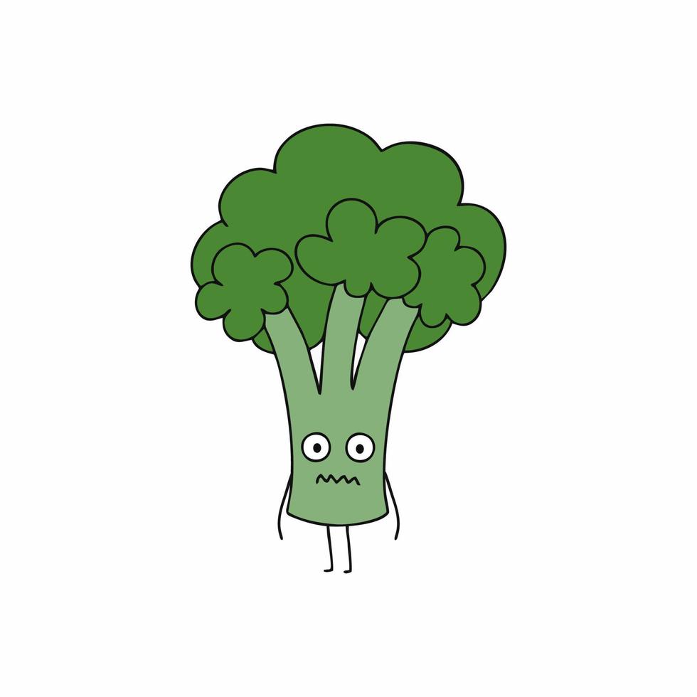 broccoli con un'espressione arrabbiata. faccina sorridente a forma di cavolo verde broccoli. carattere vettoriale su sfondo bianco.