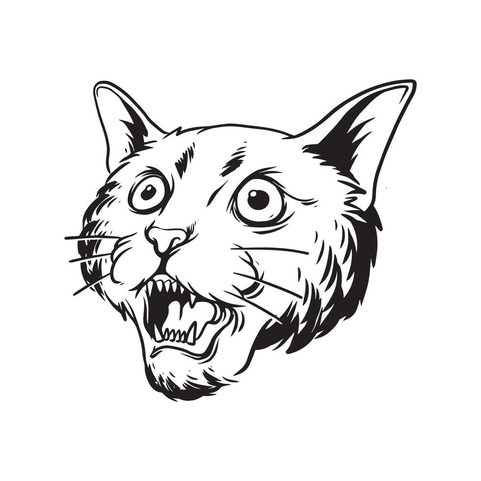 un'illustrazione di un gatto arrabbiato. un'illustrazione disegnata a mano di una testa di animale selvatico. disegno al tratto per emblema, poster, adesivo, tatuaggio, ecc. vettore