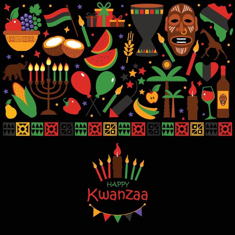 carta vettoriale con raccolta di kwanzaa felice. simboli di vacanza su sfondo nero. illustrazione vettoriale.