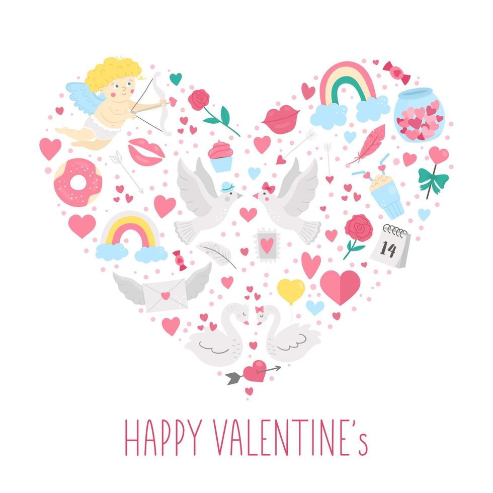 vettore cornice a forma di cuore con elementi di San Valentino. tradizionale concetto di amore clipart. design divertente per striscioni, poster, inviti. simpatico modello di biglietto di auguri di febbraio romantico.