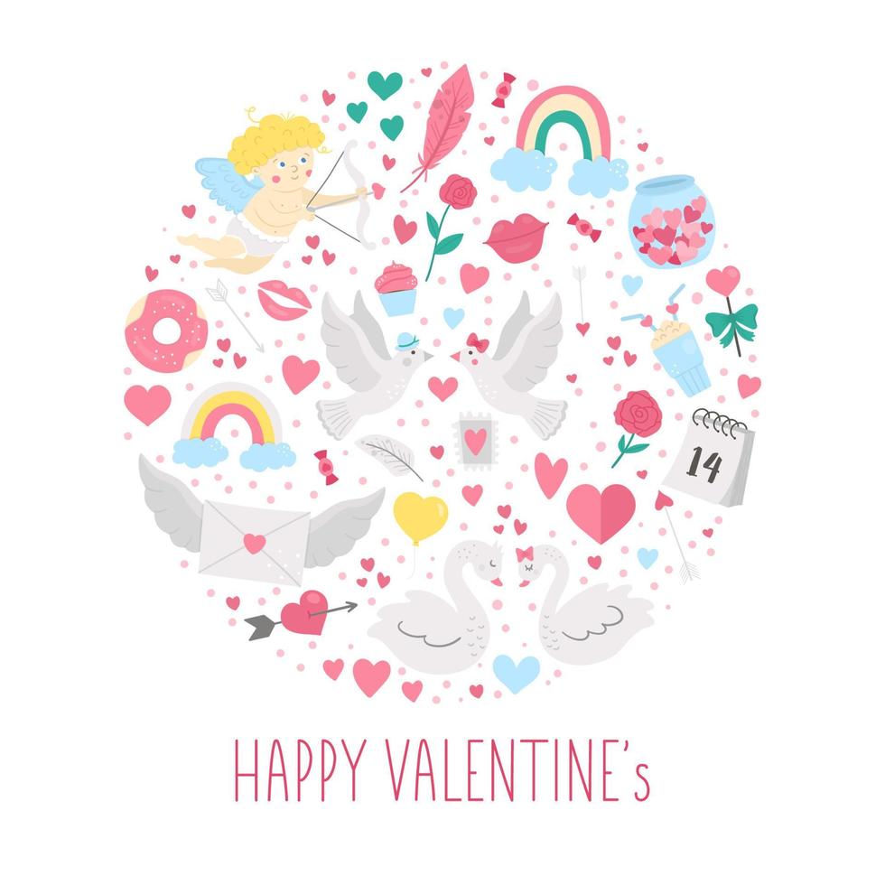 vettore cornice rotonda con elementi di San Valentino. tradizionale concetto di amore clipart. design divertente per striscioni, poster, inviti. carino modello di biglietto di auguri di febbraio romantico a forma di cerchio.