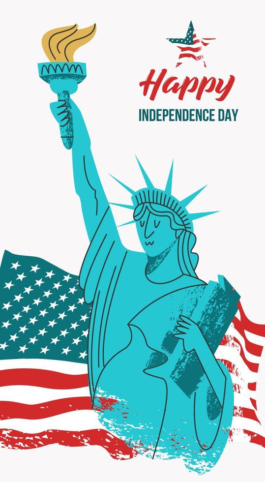 felice giorno dell'indipendenza. poster vettoriale, biglietto di auguri. statua della libertà con una torcia in mano sullo sfondo della bandiera americana. vettore