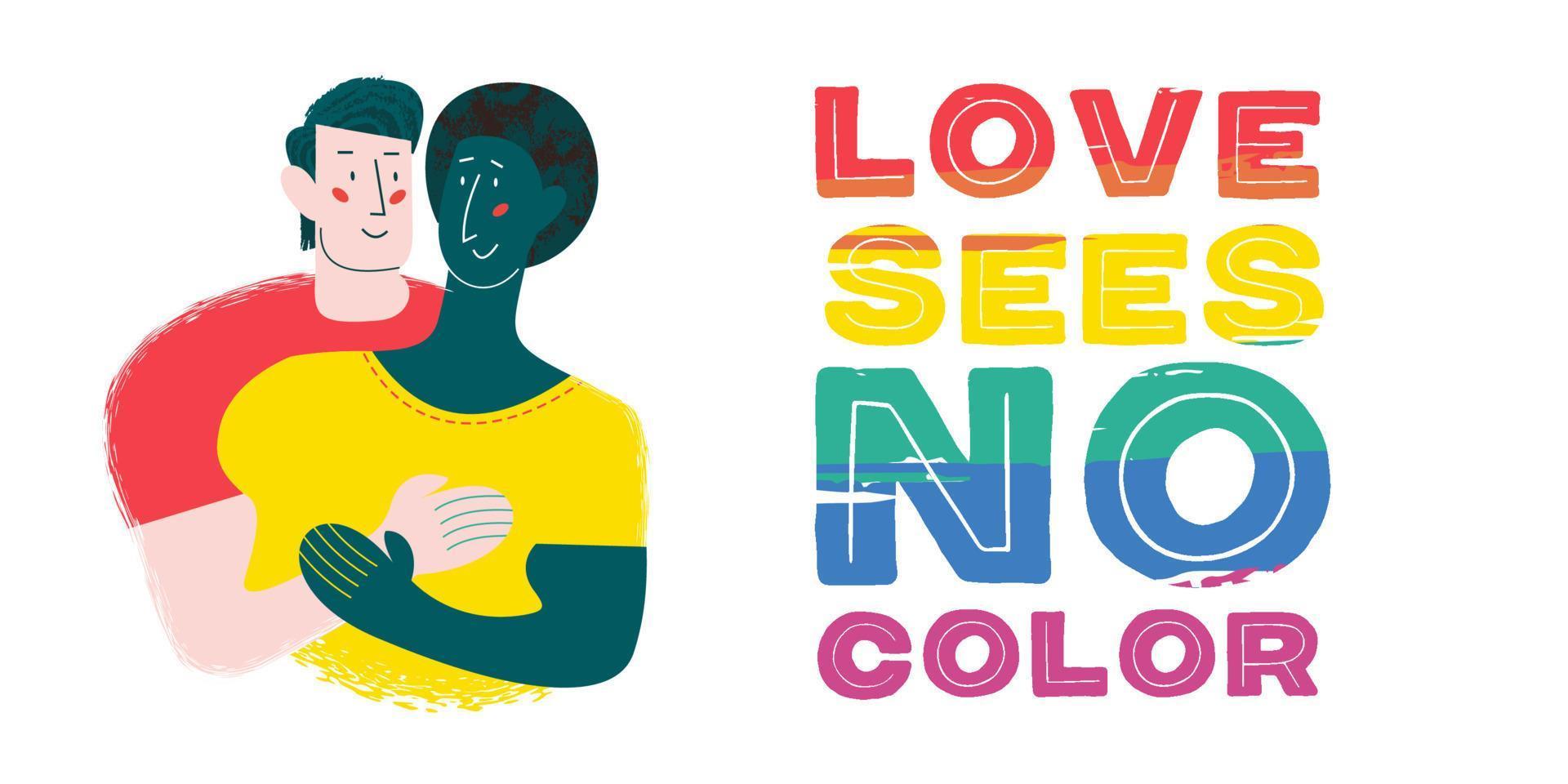l'amore non vede colore. illustrazione vettoriale, poster. coppia gay innamorata. razze diverse. la scritta arcobaleno è un simbolo lgbt vettore