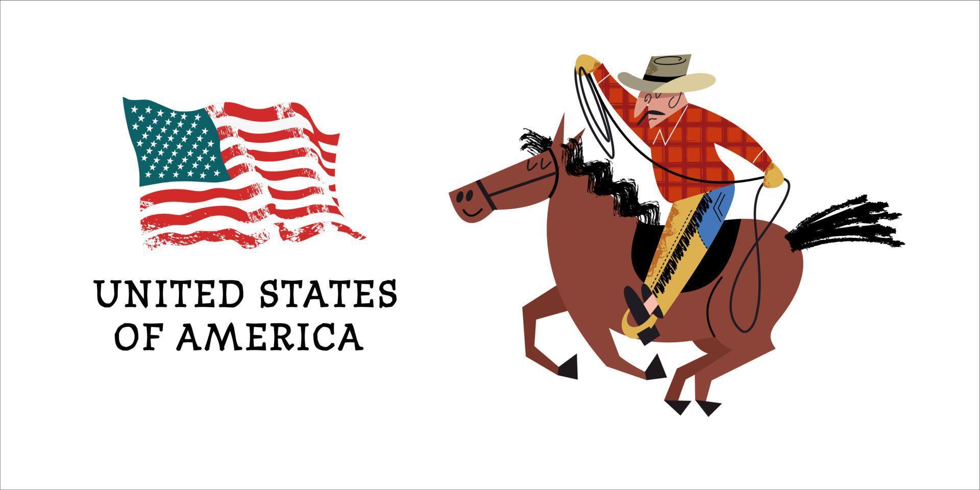 cowboy a cavallo. bandiera americana. Illustrazione vettoriale su sfondo bianco.