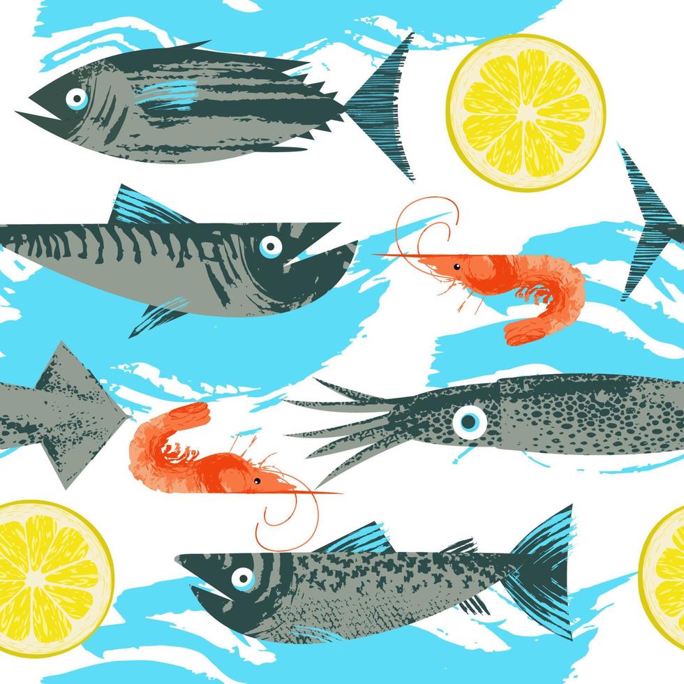 modello senza soluzione di continuità. illustrazione vettoriale sul tema dei frutti di mare. vari pesci, calamari, gamberi e fetta di limone. su sfondo bianco con onda blu.