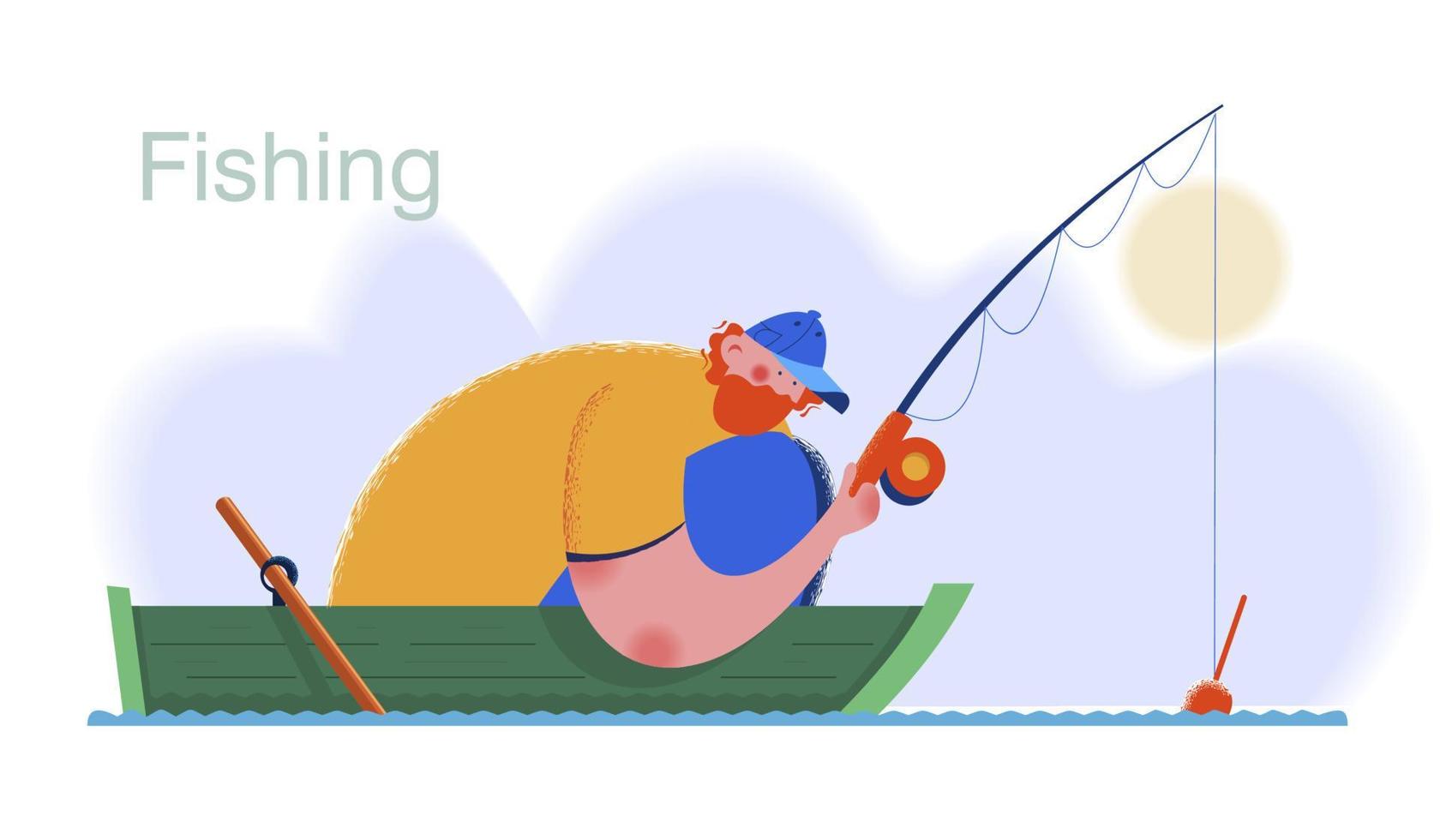 un pescatore in barca. intestazione web. illustrazione vettoriale. vettore
