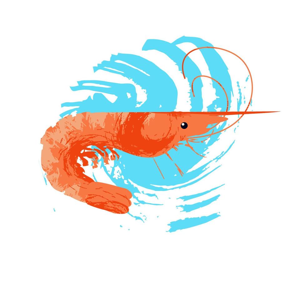 frutti di mare. Gambero. illustrazione vettoriale su sfondo bianco con onda trama blu.