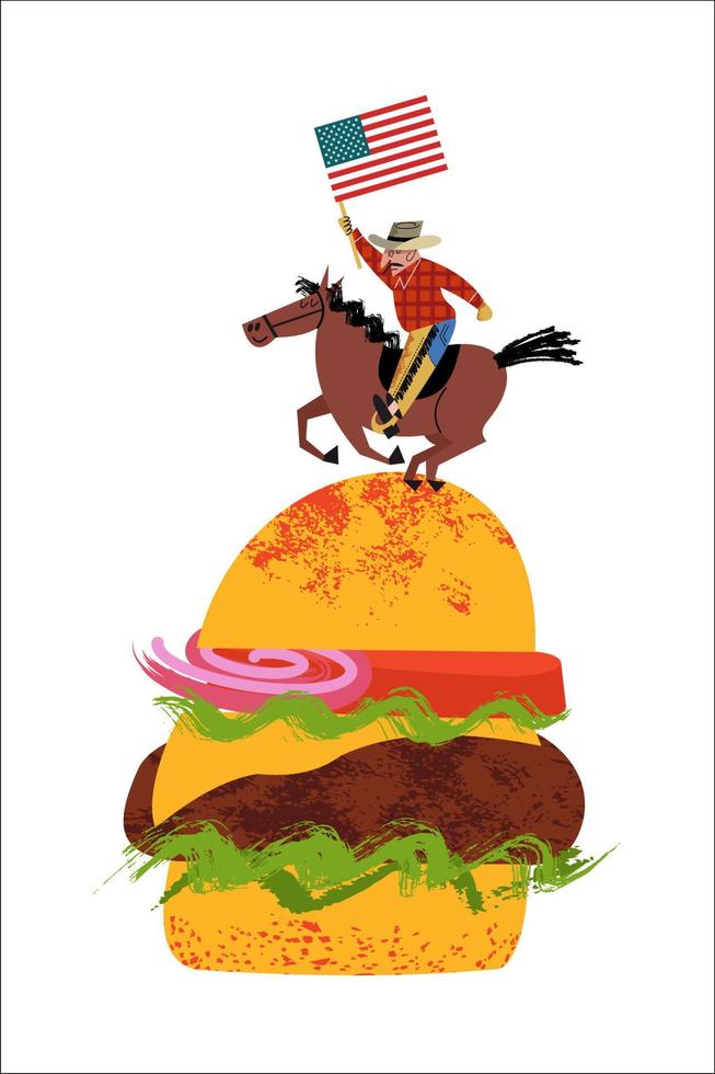 cowboy a cavallo con una bandiera americana in mano. grande hamburger. Illustrazione vettoriale su sfondo bianco.