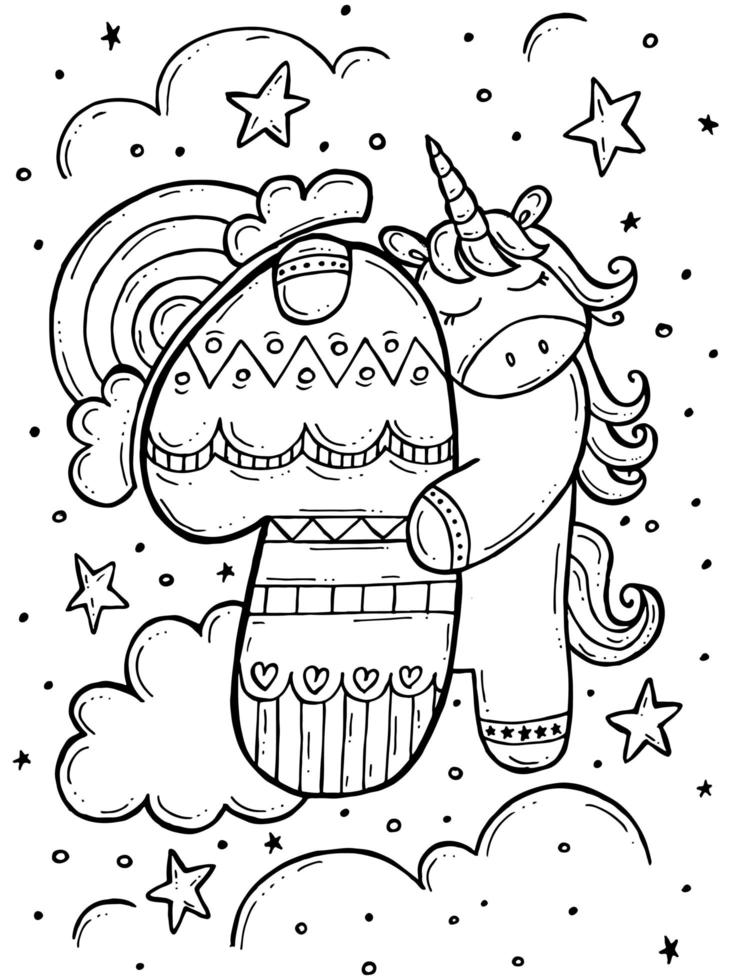 libro da colorare per bambini. illustrazione vettoriale di doodle disegnato a mano con numeri e animali. un unicorno con un arcobaleno di nuvole e stelle.