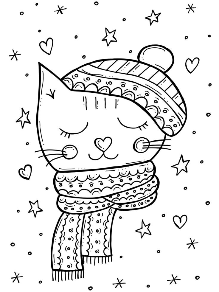 libro da colorare per bambini. illustrazione vettoriale di inverno doodle disegnato a mano. buon natale 2022. un gatto in un berretto con un ornamento e una sciarpa.
