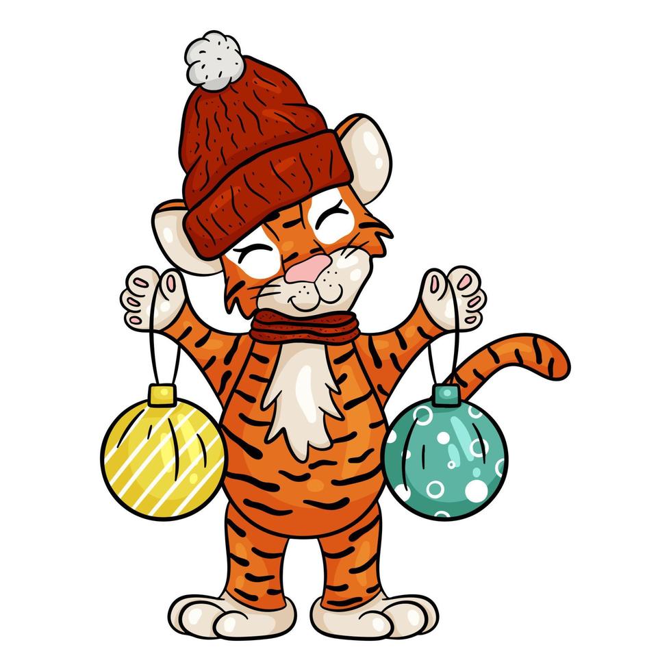 tigre in cappello con i giocattoli di natale. simbolo del nuovo anno secondo il calendario cinese o orientale. illustrazione vettoriale modificabile, stile cartone animato