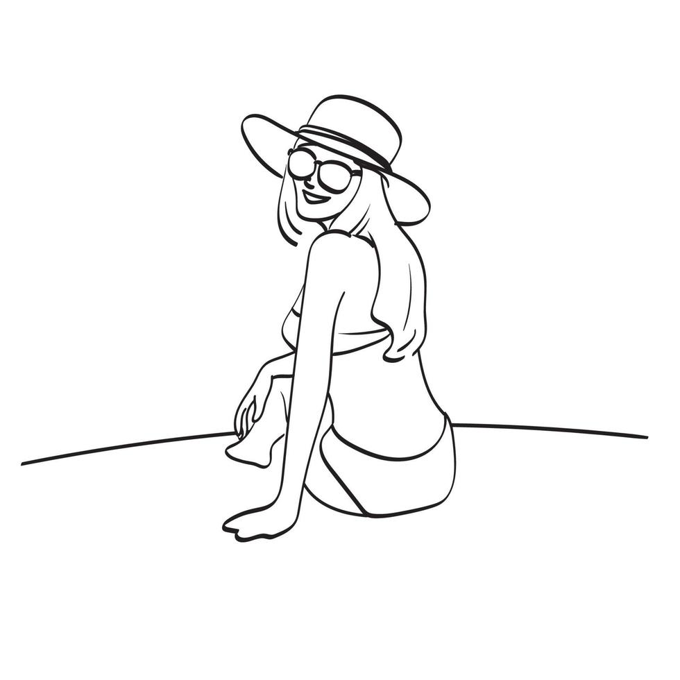 bella giovane donna in bikini con occhiali da sole e un cappello seduto illustrazione vettoriale disegnato a mano isolato su sfondo bianco line art.