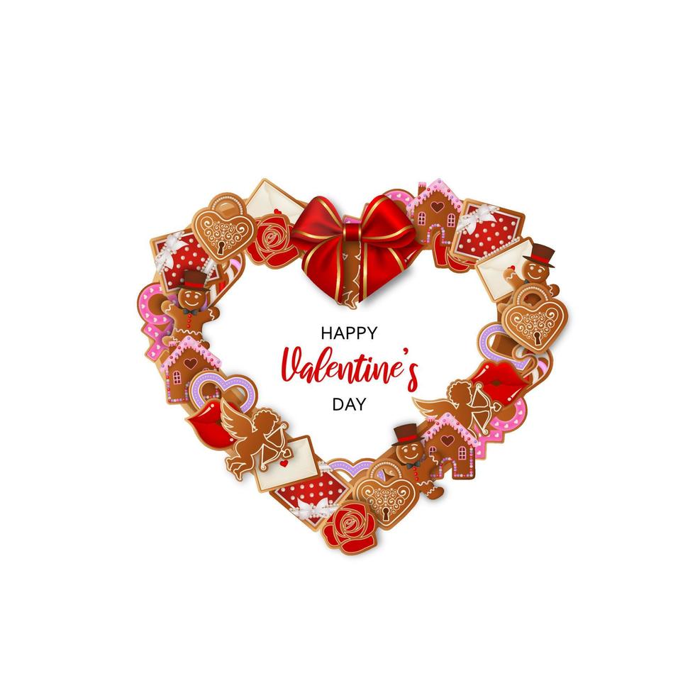 cornice a forma di cuore con pan di zenzero e fiocco rosso. ghirlanda di san valentino con biscotti di panpepato vettore