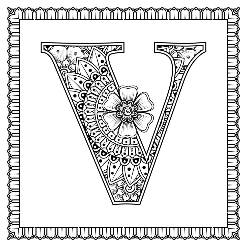 lettera v fatta di fiori in stile mehndi. pagina del libro da colorare. delineare l'illustrazione vettoriale di disegnare a mano.
