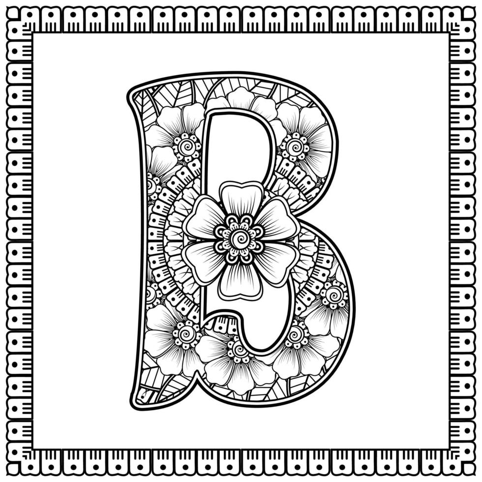 lettera b fatta di fiori in stile mehndi. pagina del libro da colorare. delineare l'illustrazione vettoriale di disegnare a mano.