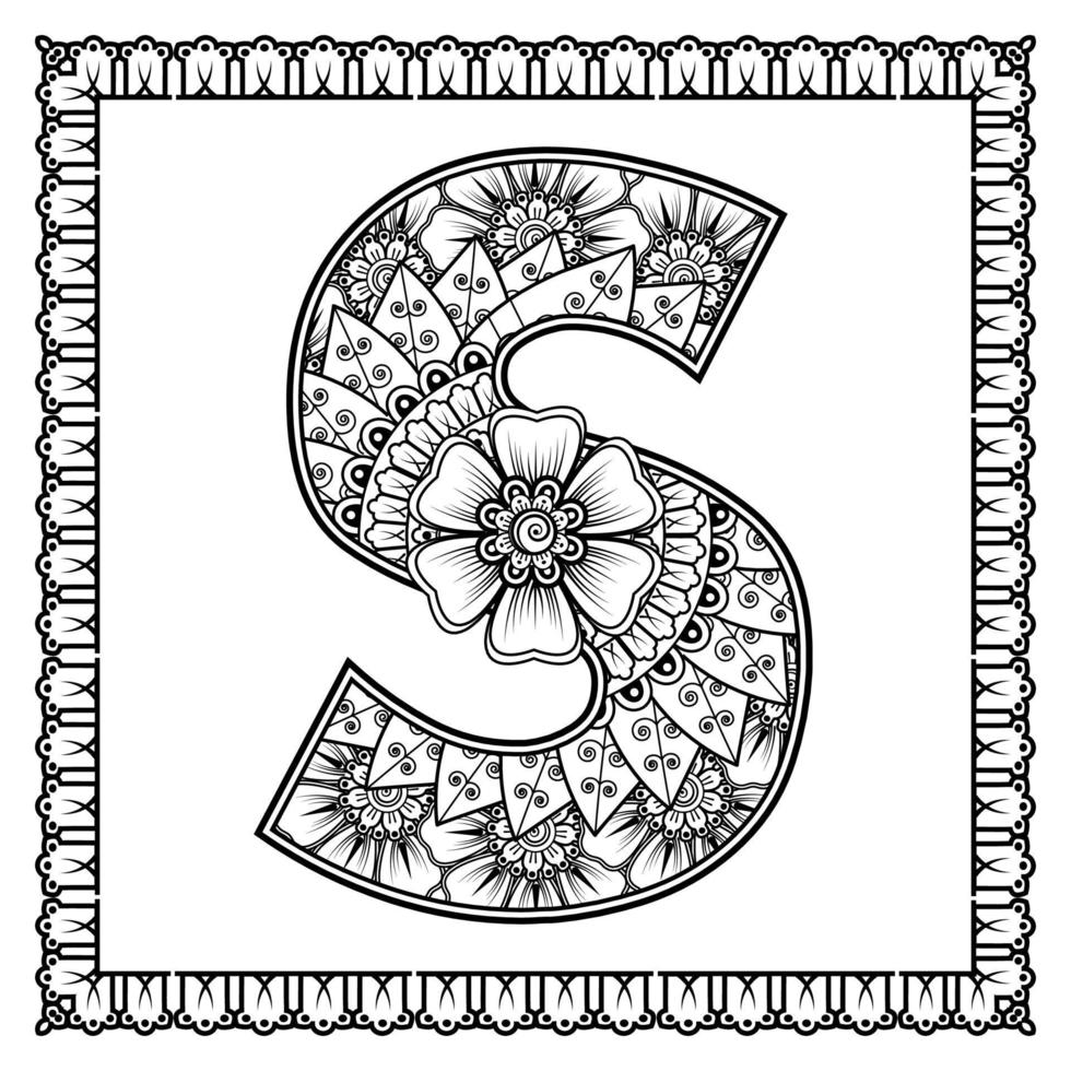 lettera s fatta di fiori in stile mehndi. pagina del libro da colorare. delineare l'illustrazione vettoriale di disegnare a mano.