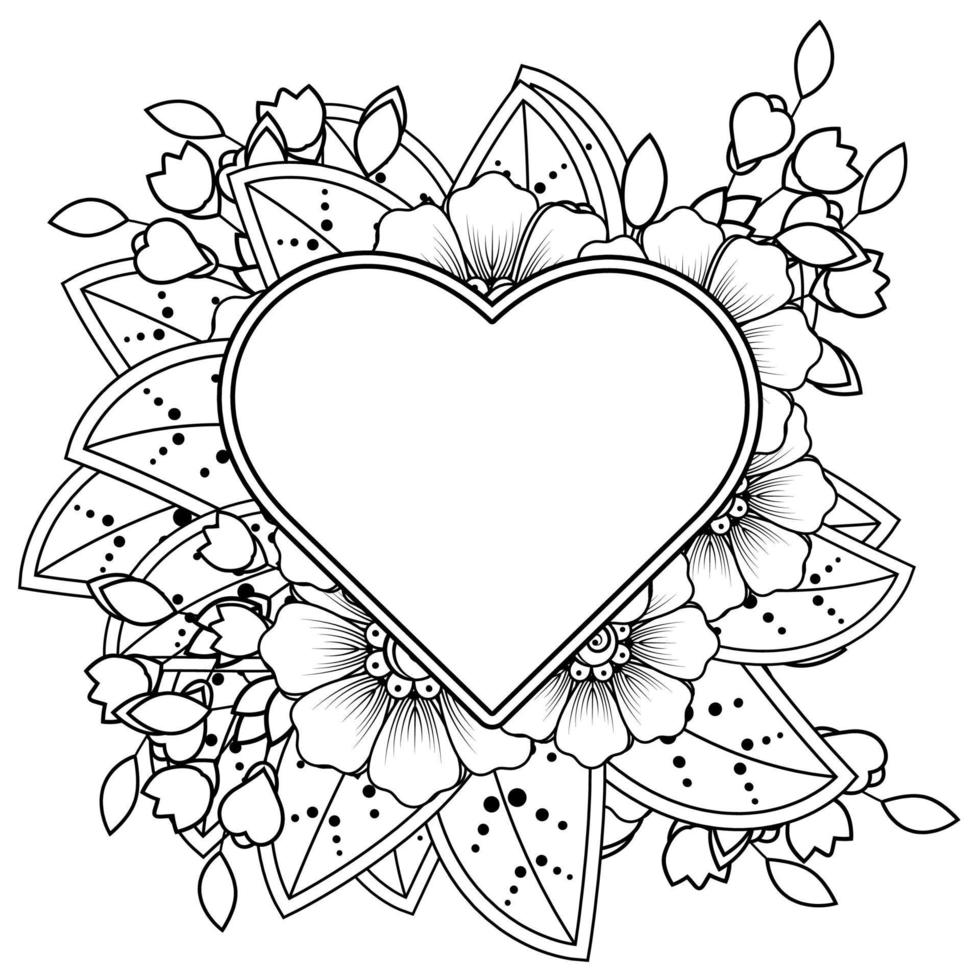 fiore mehndi con cornice a forma di cuore. decorazione in etnico orientale, ornamento scarabocchio. vettore