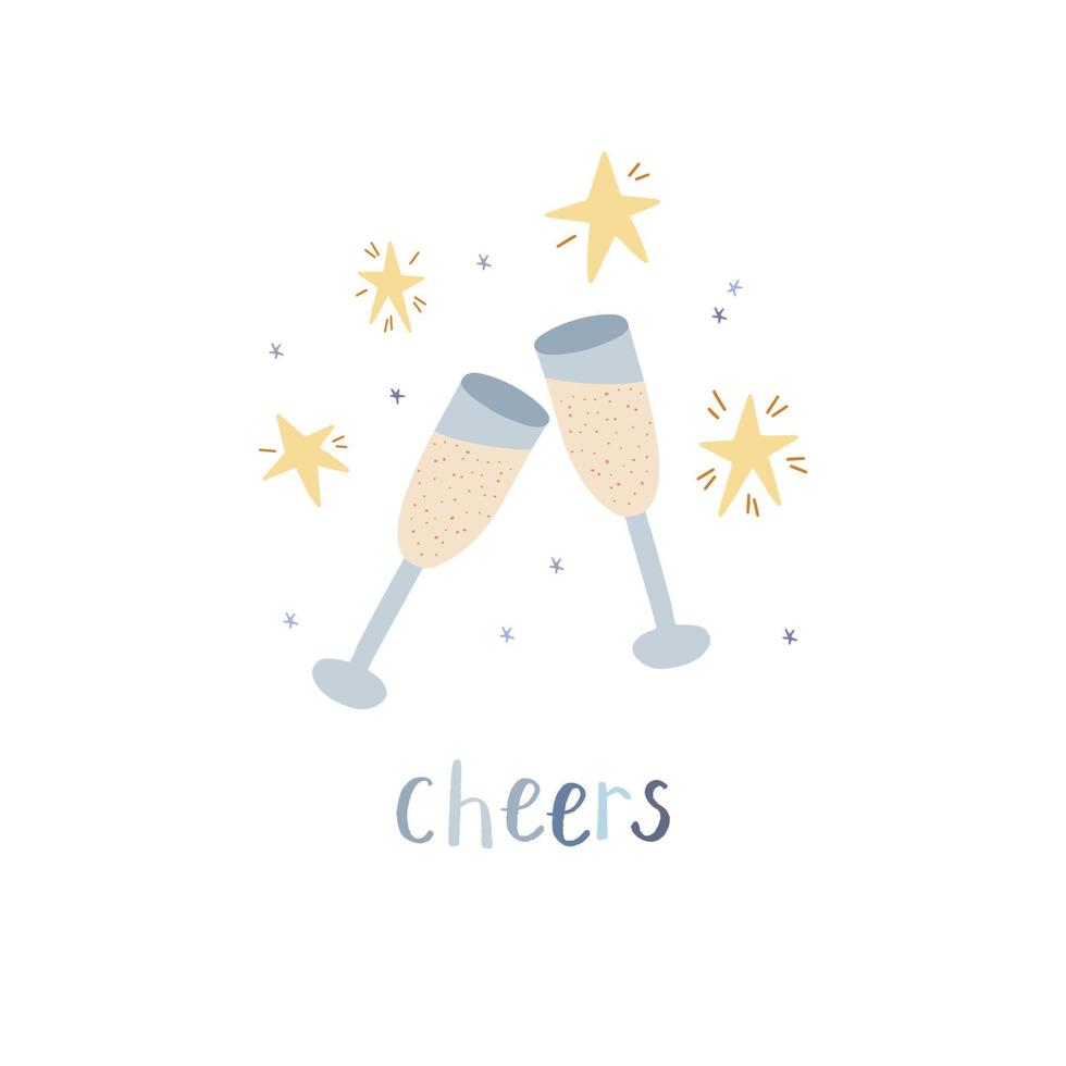 testo di saluti e bicchieri di champagne con stelle e scintillii vettore