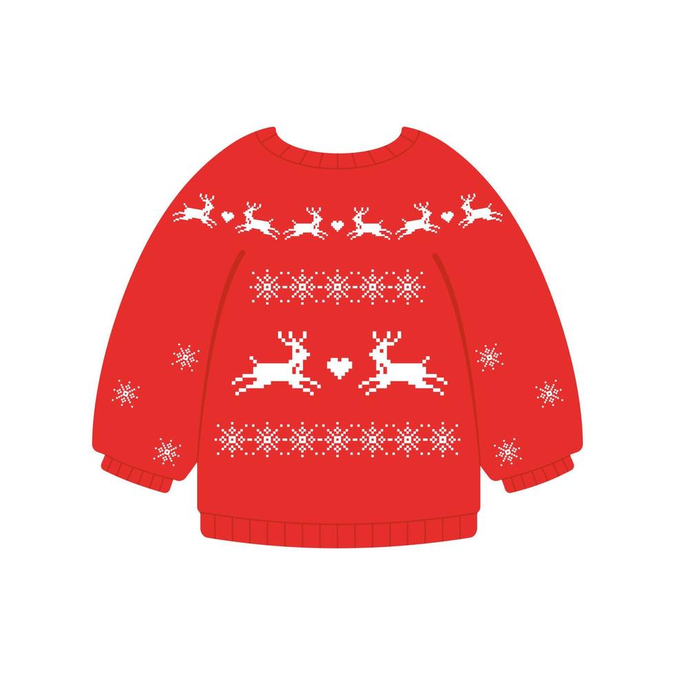 maglione natalizio con modello di ricamo invernale pixel. stile rosso scandinavo vintage con cervi in corsa e fiocchi di neve che cadono vettore
