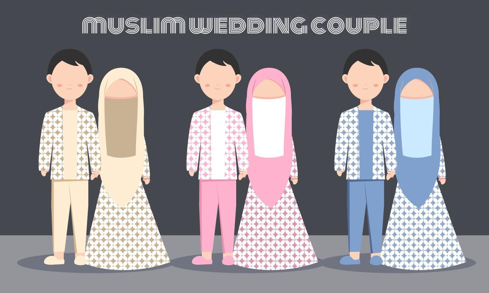 simpatico set di caratteri di coppia musulmana con abito batik per biglietto d'invito per matrimonio o fidanzamento. illustrazione vettoriale in cartone animato di una coppia innamorata