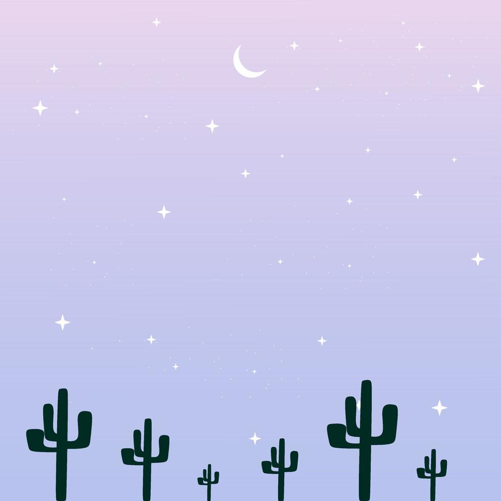 paesaggio blu e viola con sagome di cactus, luna e stelle nel cielo. illustrazione vettoriale di sfondo per biglietto di auguri, poster, tema della natura e carta da parati.