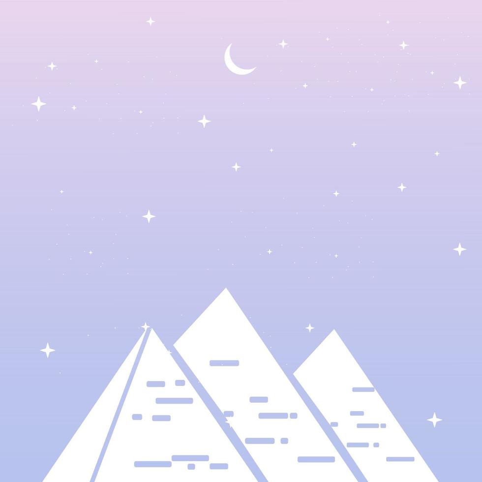 illustrazione del fondo del deserto dell'egitto con la luna, le piramidi e le stelle nel cielo. paesaggio del modello di vettore blu e viola dei monumenti famosi dell'egitto. tema di sfondo e carta da parati.