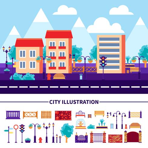 Icone dell&#39;illustrazione della città impostate vettore