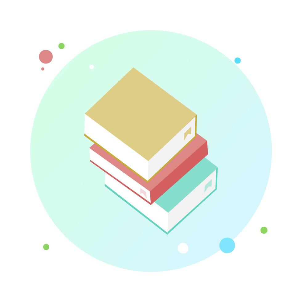Libri isometrici 3D nell'icona del cerchio. progettazione infografica istruzione con pila di libri. set di icone del libro in stile design piatto. concetto educativo. illustrazione vettoriale. vettore