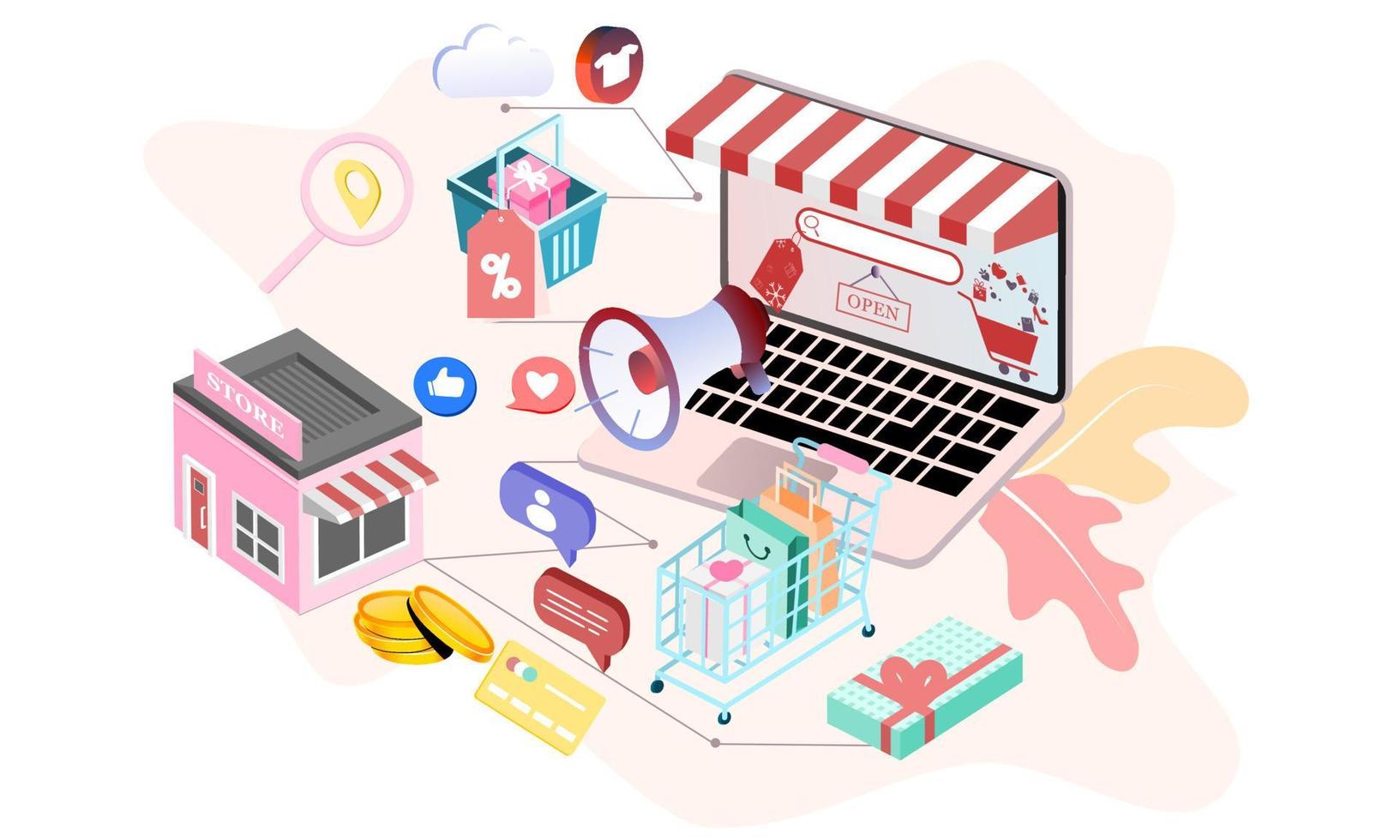 pagina di destinazione dello shopping online isometrico 3d su siti Web o applicazioni mobili concetti di e-commerce vettoriale e marketing digitale. illustrazione isometrica di sfondo per la promozione del negozio online di banner