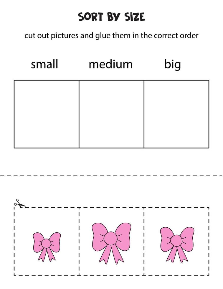 ritaglia le immagini e ordinale per dimensione. piccolo, medio o grande. foglio di lavoro educativo. vettore