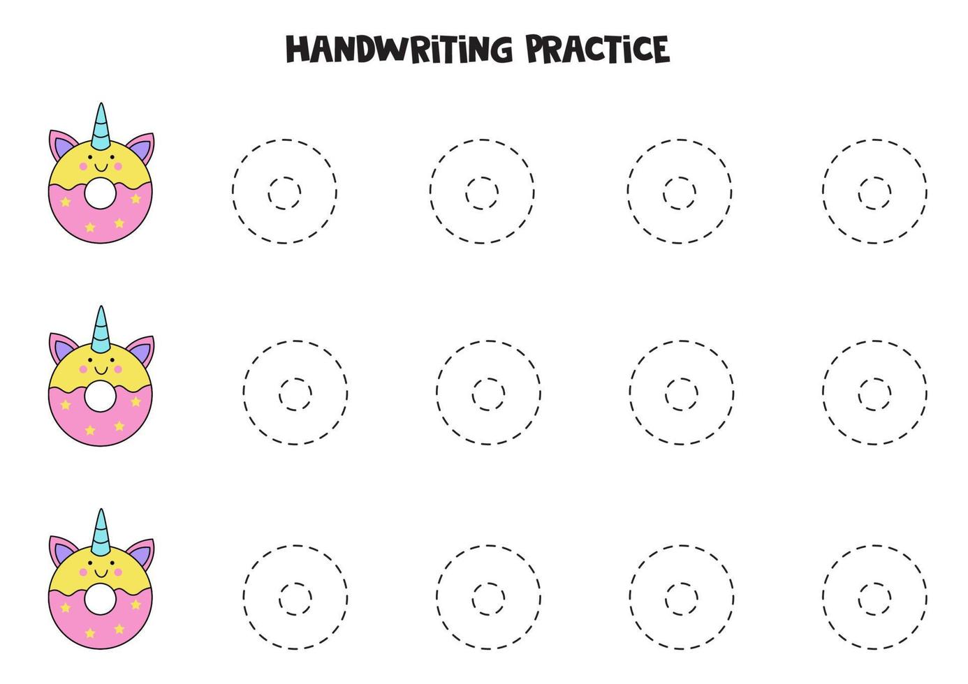 tracciare i contorni di simpatiche ciambelle kawaii. pratica di scrittura per bambini. vettore