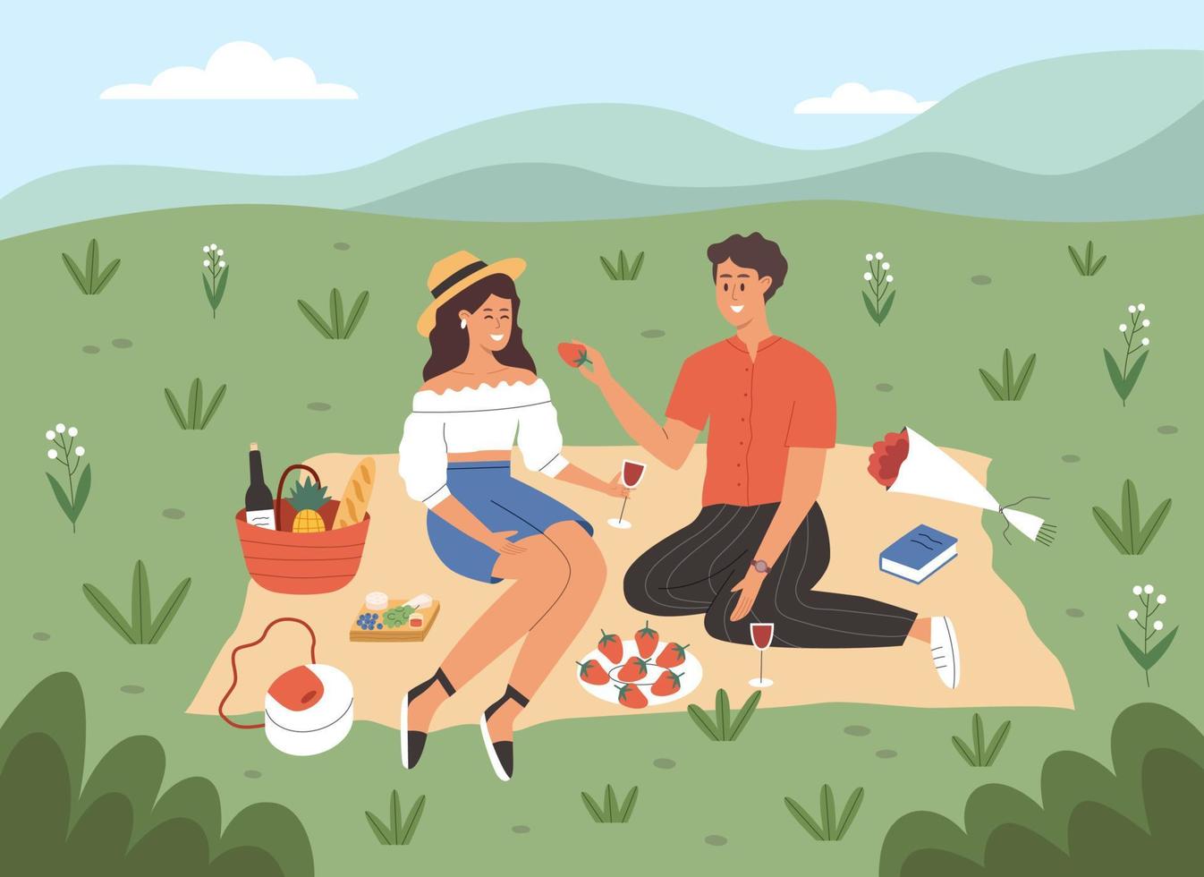 la coppia fa un picnic romantico nel prato vettore