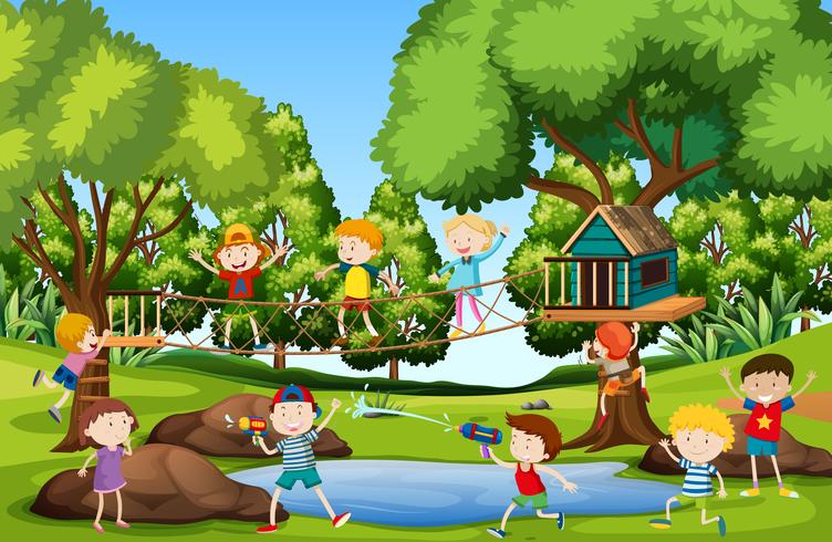 Bambini che giocano al parco giochi vettore