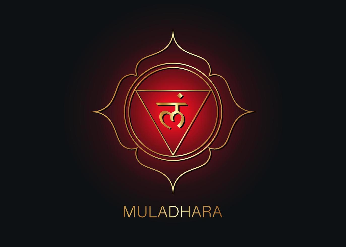modello di logo di muladhara chakra. primo simbolo del chakra della radice. rosso e oro segno sacrale meditazione, yoga mandala icona vettore isolato su sfondo nero