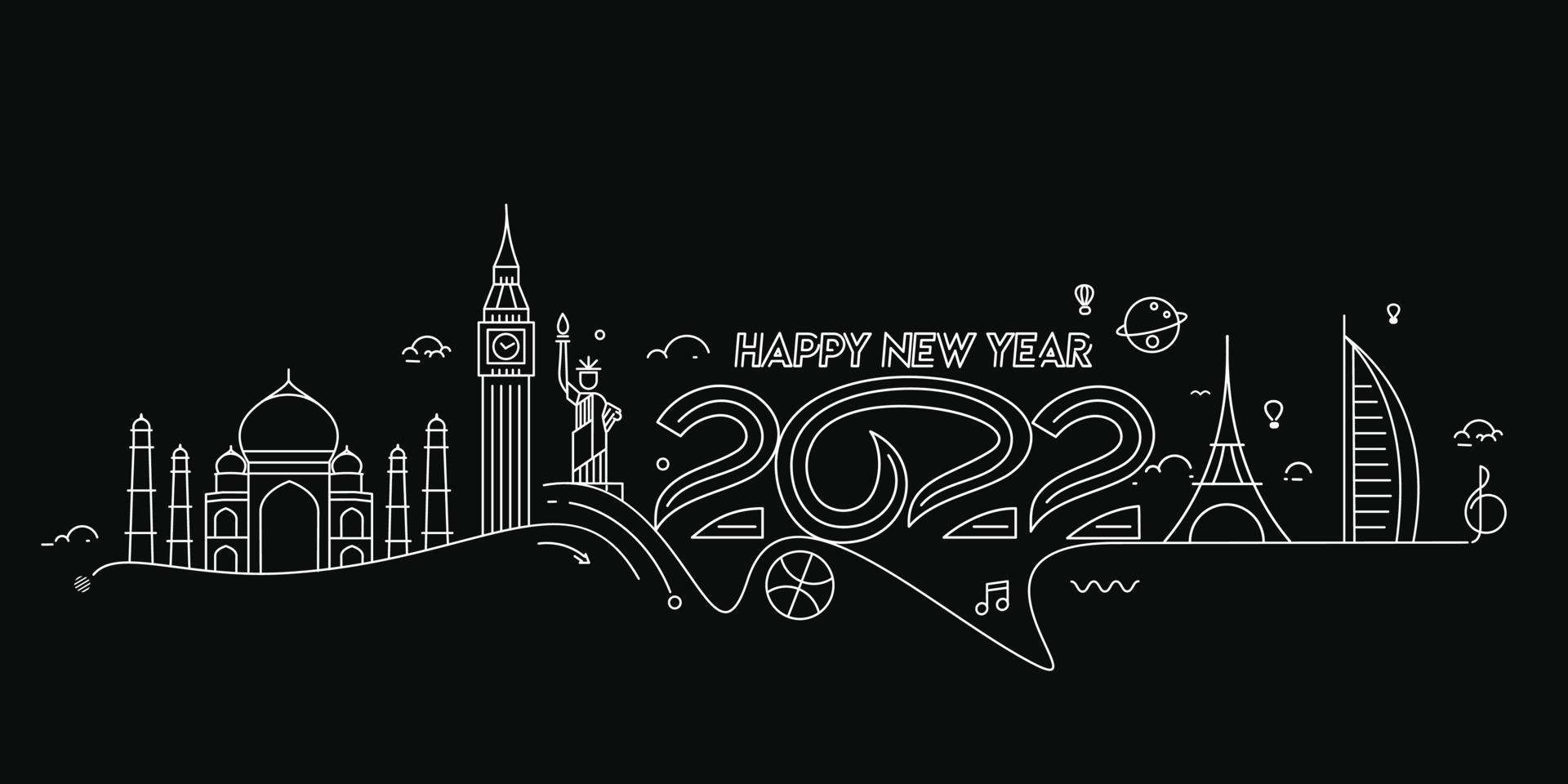 felice anno nuovo 2022 testo con picchiettio di design del mondo di viaggio, illustrazione vettoriale. vettore