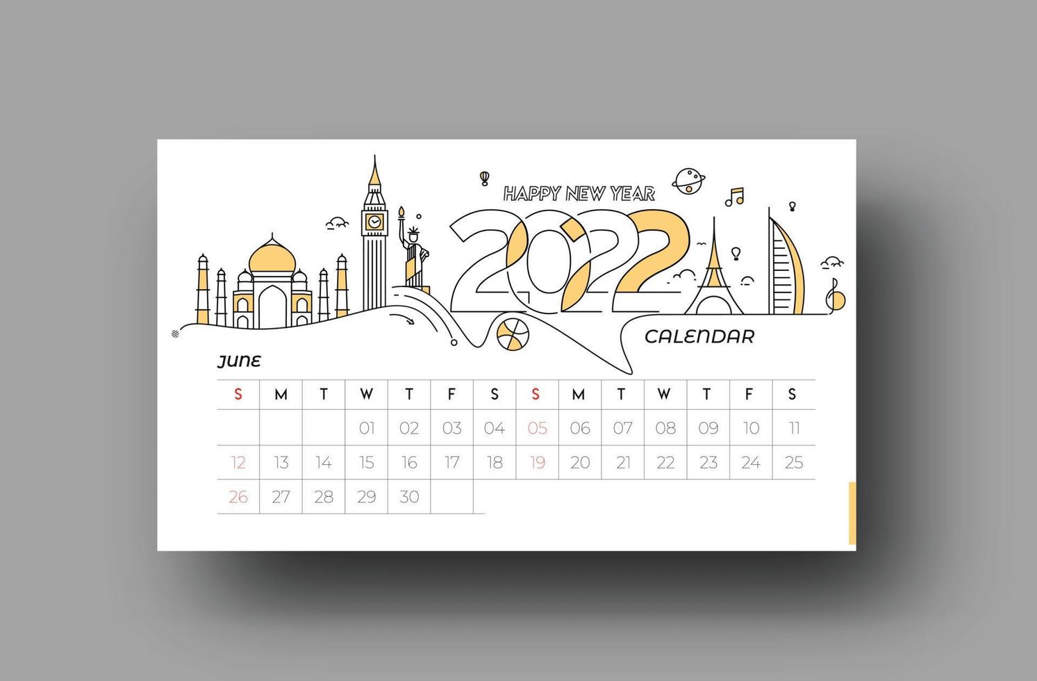 felice anno nuovo 2022 calendario febbraio - elementi di design per le vacanze di capodanno per biglietti di auguri, poster banner calendario per decorazioni, sfondo illustrazione vettoriale. vettore