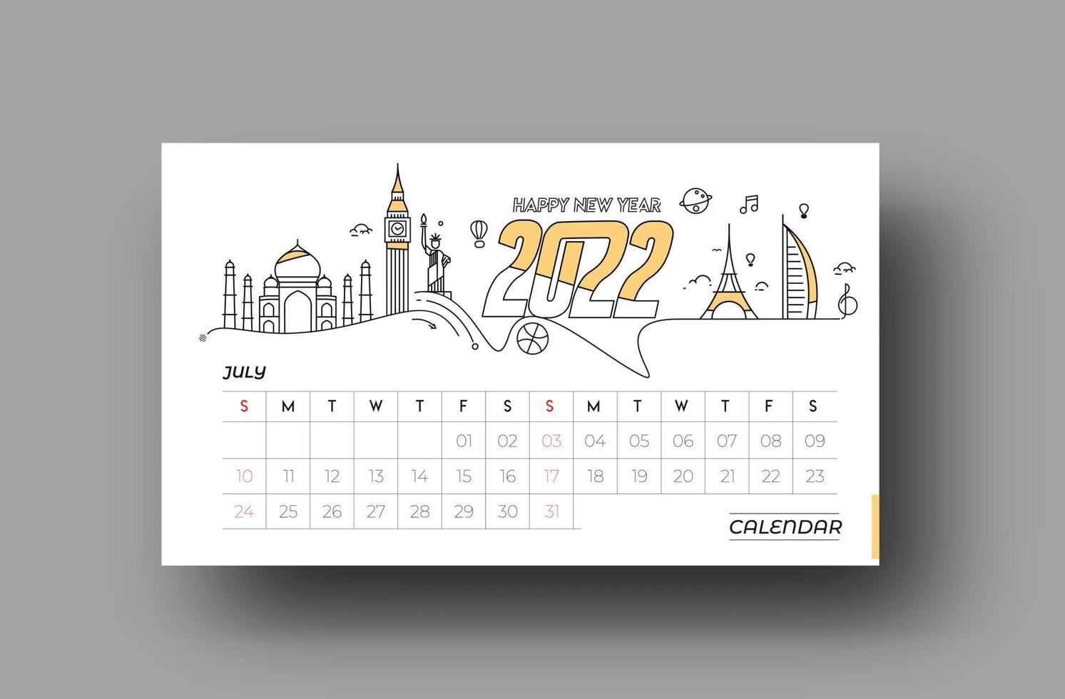 felice anno nuovo 2022 calendario febbraio - elementi di design per le vacanze di capodanno per biglietti di auguri, poster banner calendario per decorazioni, sfondo illustrazione vettoriale. vettore