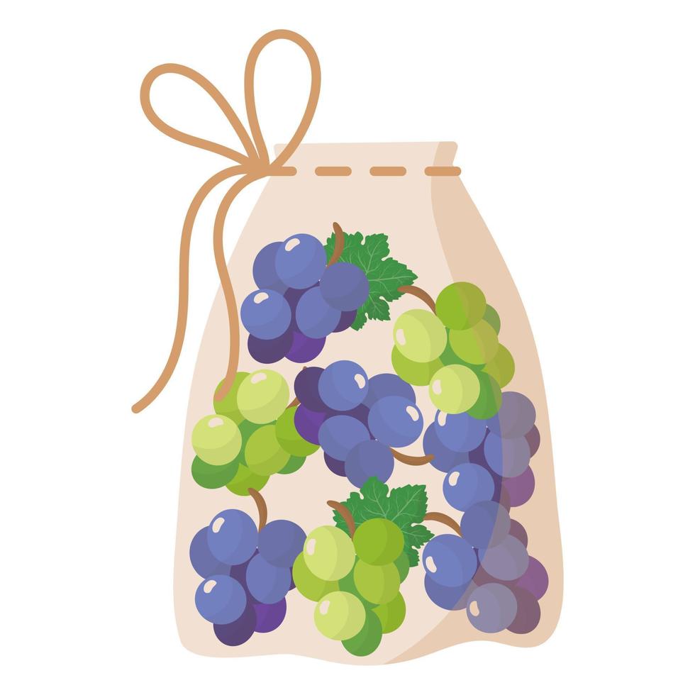 sacchetto ecologico riutilizzabile in tessuto trasparente per pesare cibo, verdura e frutta senza utilizzare sacchetto di plastica con uva. vettore