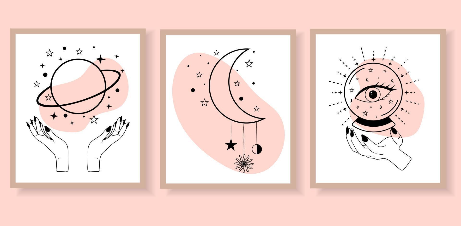 set di poster di magia mistica di alchimia esoterica. talismano celeste con mani di donna, pianeta, luna, stelle, occhio e sfera magica. vettore