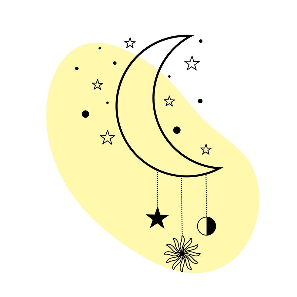 luna con stelle e sole in linea art. simbolo spirituale spazio celeste. vettore