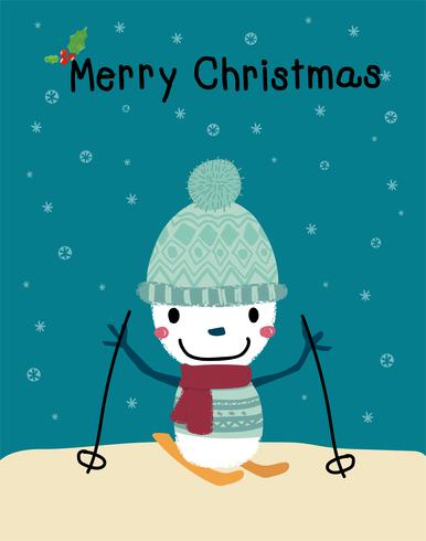 pupazzo di neve che gioca sci allegra cartolina di Natale vettore
