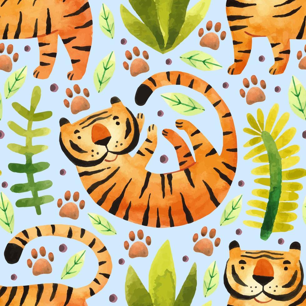 tigri nella foresta pluviale grandi gatti selvatici e piante tropicali simbolo zodiacale dell'anno acquerello disegnato a mano modello senza cuciture trama sfondo packaging design vettore