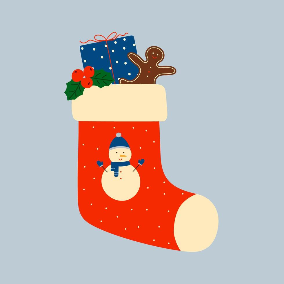 calzino rosso natalizio con confezione regalo, ramo di agrifoglio e pan di zenzero. elemento di design invernale di natale in stile doodle. vettore