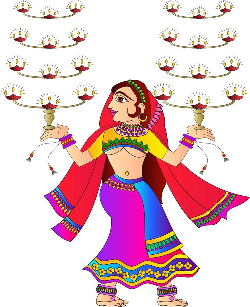 signora ballerina in equilibrio con lampade a olio disegnate nell'arte popolare indiana, kalamkari vettore