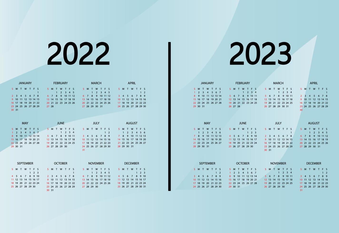 calendario 2022, anno 2023. la settimana inizia di domenica. modello di organizzatore annuale. design del modello del calendario nei colori neri, festività nei colori rossi vettore