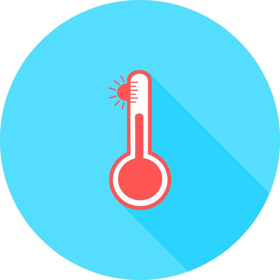 Termometro meteorologico Celsius o Fahrenheit che misura il caldo o il freddo, illustrazione vettoriale. attrezzatura del termometro che mostra tempo caldo o freddo. termometro di medicina nell'icona del cerchio con lunghe ombre. vettore